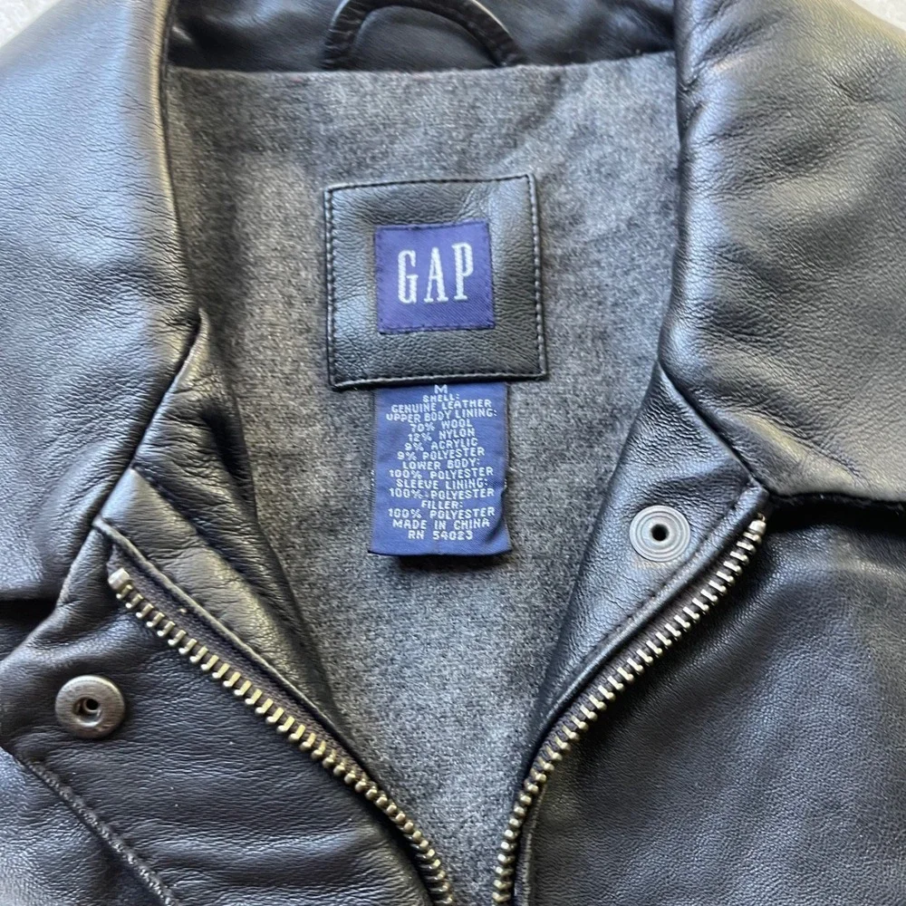 Gap Mens Genuine Leather Car Coat Jacket Black Zip Up Wool Blend Lining Medium